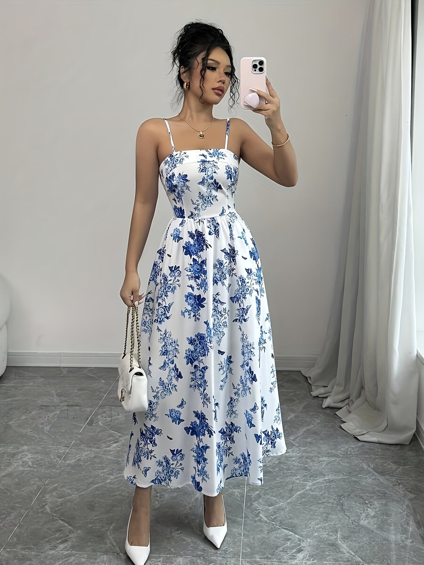 Women's Floral Print Adjustable Straps Elegant Maxi Dress - Ruched Back, Fitted Bodice & Flowy Skirt, Lightweight Breathable Fabric for Spring Summer Vacation, Beach, Casual & Formal Occasions