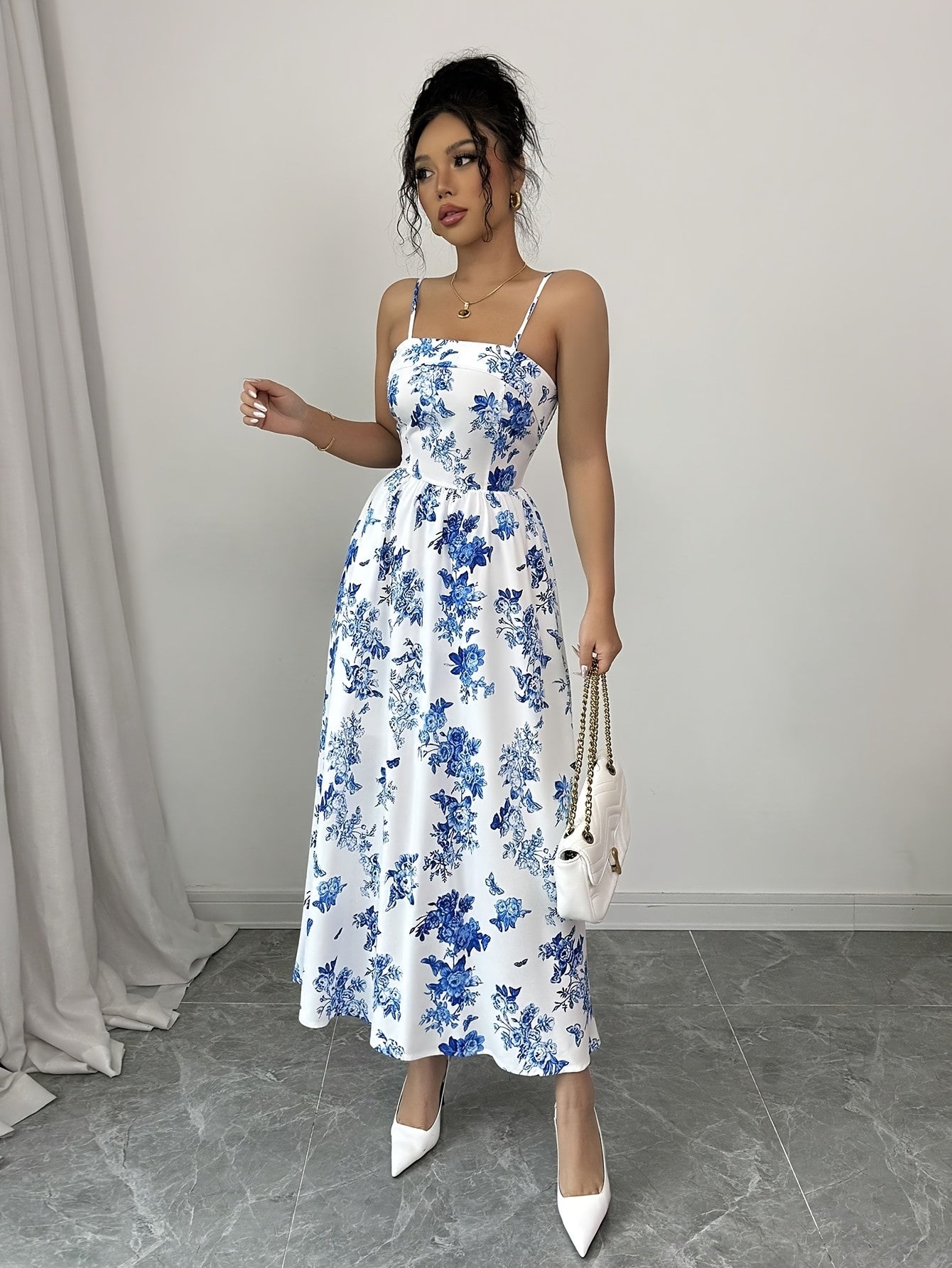 Women's Floral Print Adjustable Straps Elegant Maxi Dress - Ruched Back, Fitted Bodice & Flowy Skirt, Lightweight Breathable Fabric for Spring Summer Vacation, Beach, Casual & Formal Occasions