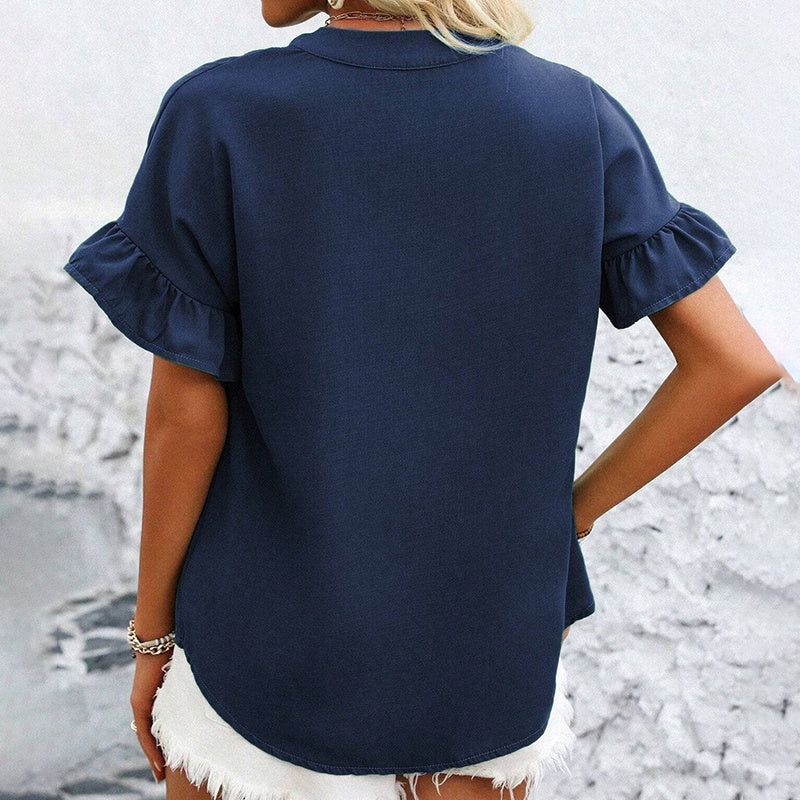 Womens Summer Ruffle Short Sleeve Button Down Shirts Dressy Casual V Neck Business Work Blouses