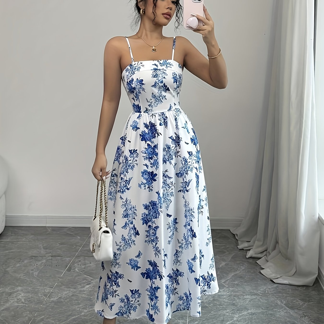 Women's Floral Print Adjustable Straps Elegant Maxi Dress - Ruched Back, Fitted Bodice & Flowy Skirt, Lightweight Breathable Fabric for Spring Summer Vacation, Beach, Casual & Formal Occasions