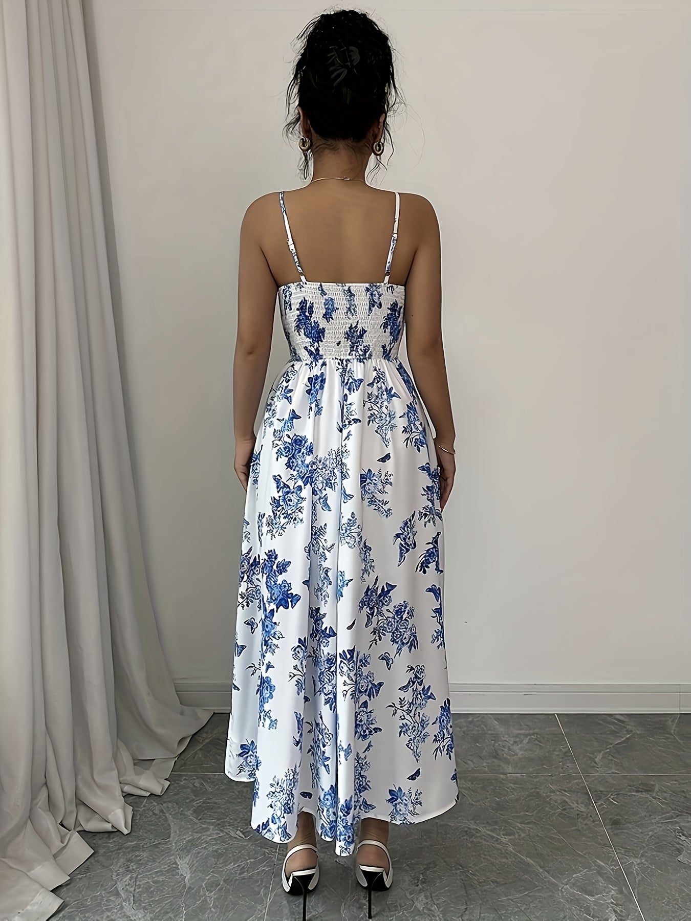 Women's Floral Print Adjustable Straps Elegant Maxi Dress - Ruched Back, Fitted Bodice & Flowy Skirt, Lightweight Breathable Fabric for Spring Summer Vacation, Beach, Casual & Formal Occasions