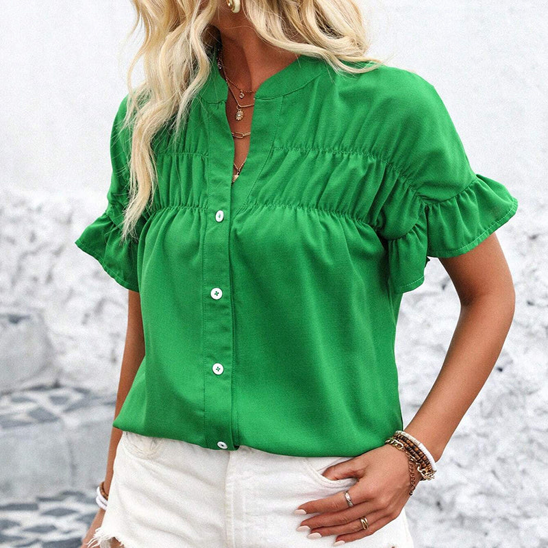 Womens Summer Ruffle Short Sleeve Button Down Shirts Dressy Casual V Neck Business Work Blouses