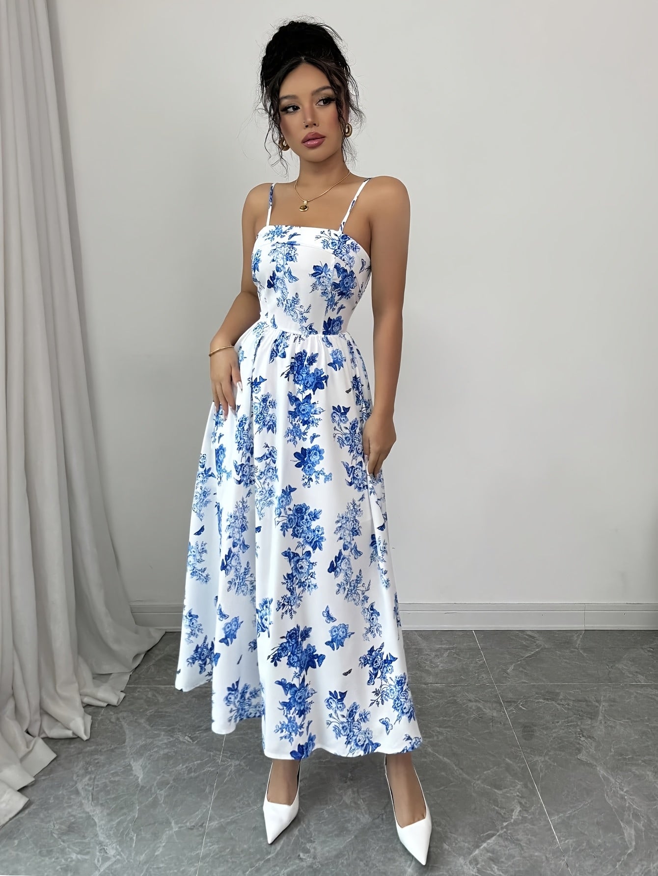 Women's Floral Print Adjustable Straps Elegant Maxi Dress - Ruched Back, Fitted Bodice & Flowy Skirt, Lightweight Breathable Fabric for Spring Summer Vacation, Beach, Casual & Formal Occasions