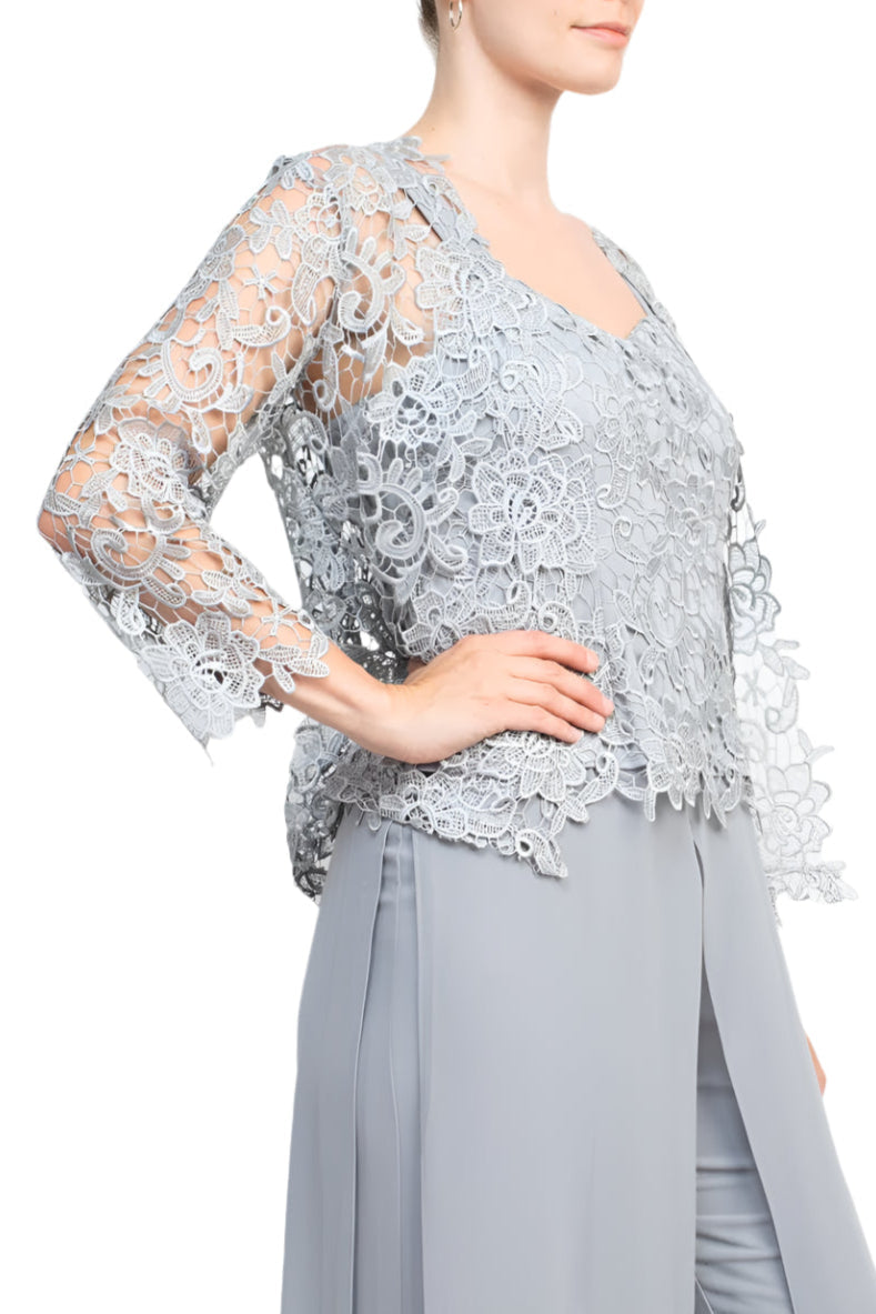 Marina Sweet Heart Neck Sleeveless Back Zipper Wide Leg Jumpsuit With Matching Lace Jacket