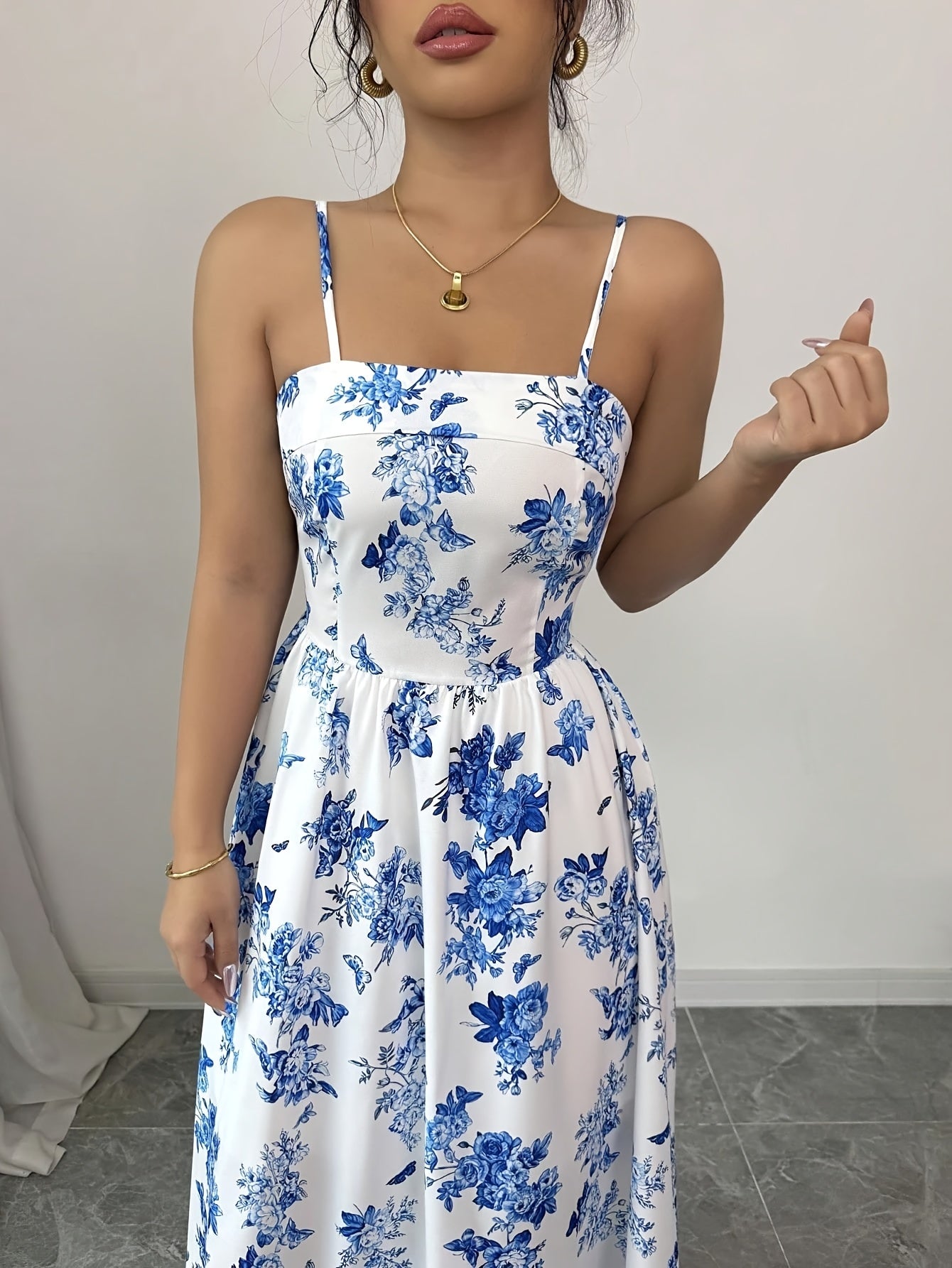 Women's Floral Print Adjustable Straps Elegant Maxi Dress - Ruched Back, Fitted Bodice & Flowy Skirt, Lightweight Breathable Fabric for Spring Summer Vacation, Beach, Casual & Formal Occasions