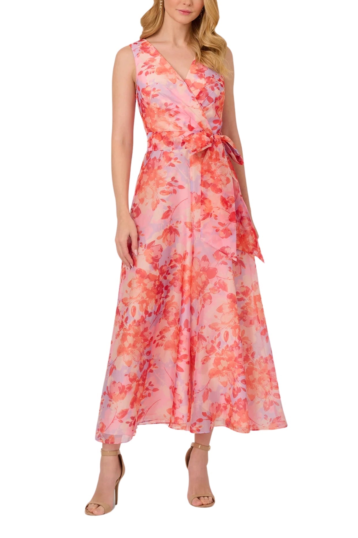 Adrianna Papell Surplice Neckline Floral Organza Wide Leg Jumpsuit Dress