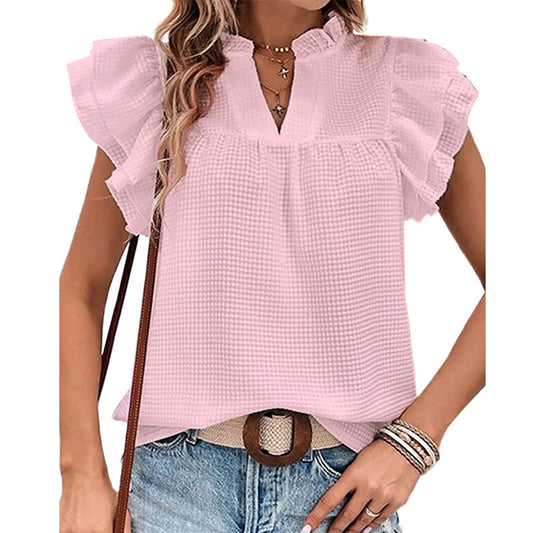 Women's Summer Fashion Solid Color And V-neck Ruffled Pullover Top