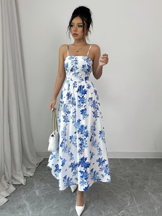 Women's Floral Print Adjustable Straps Elegant Maxi Dress - Ruched Back, Fitted Bodice & Flowy Skirt, Lightweight Breathable Fabric for Spring Summer Vacation, Beach, Casual & Formal Occasions